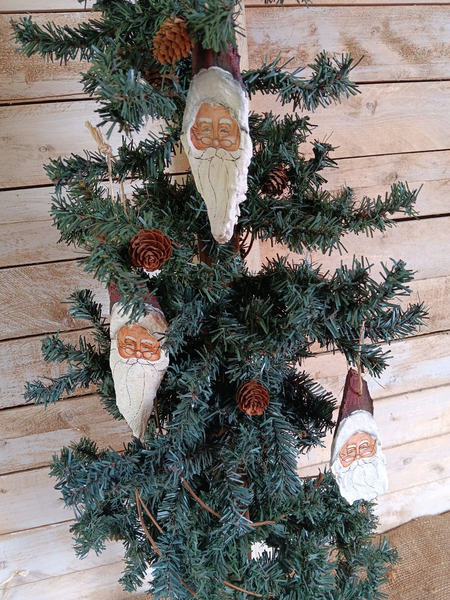 Hand-Painted Hemlock Bark Santa Ornaments (Pack of 3)