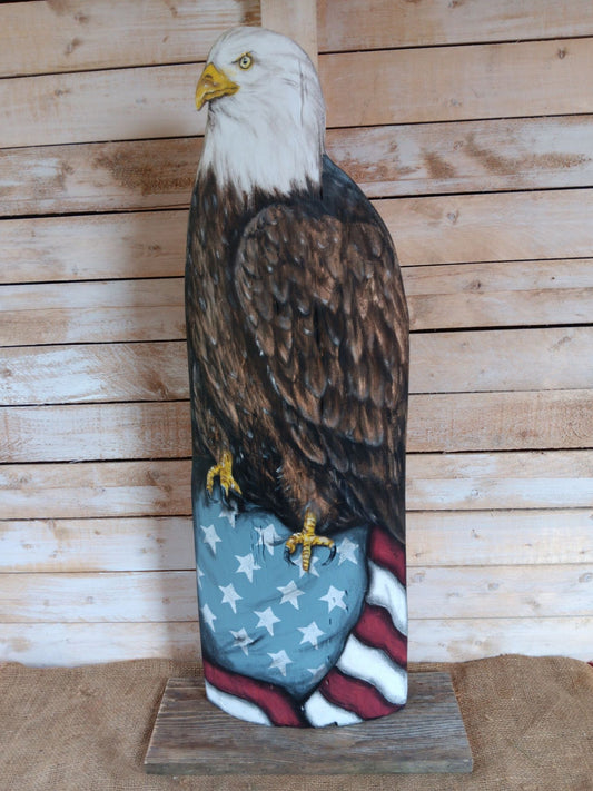 Hand-Painted Bald Eagle with Flag (33in)