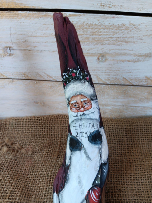 Hand-Painted Driftwood Santa Claus Checking his List (10in)