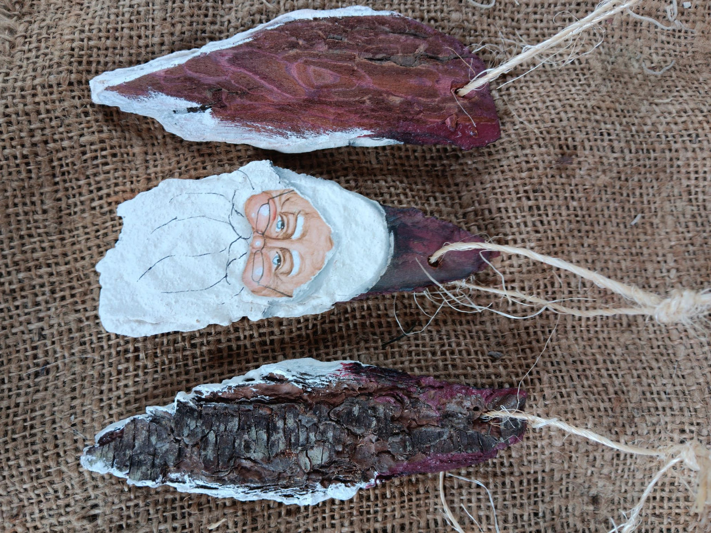 Hand-Painted Hemlock Bark Santa Ornaments (Pack of 3)