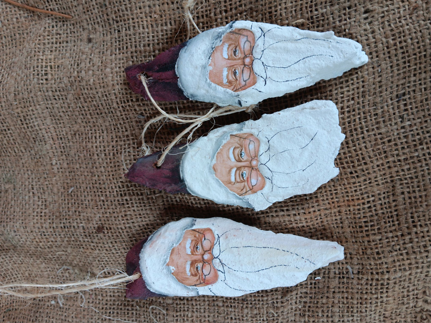 Hand-Painted Hemlock Bark Santa Ornaments (Pack of 3)