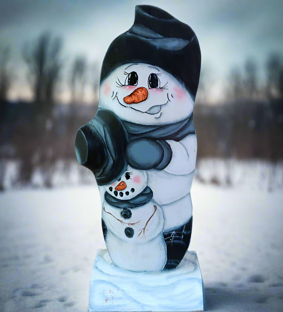 Hand-Painted Blue Scarf Snowman with Baby Snowman (20in)