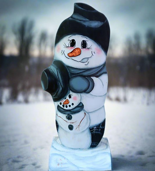 Hand-Painted Blue Scarf Snowman with Baby Snowman (20in)